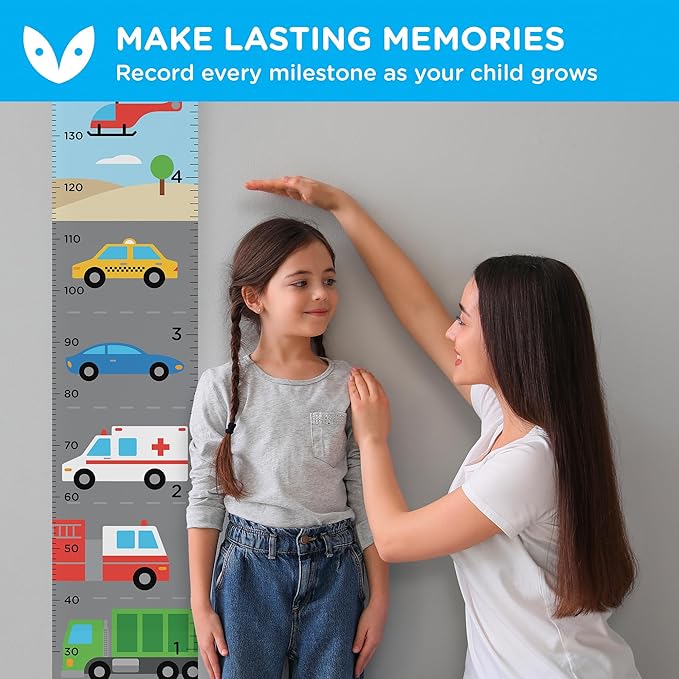 WISE OWL Personalized Growth Chart for Kids - Height Wall Chart for Boys with Peel & Stick Letters for Name - Hanging Canvas Wall Measurement Height Tracker for Baby Gift (Vehicles)