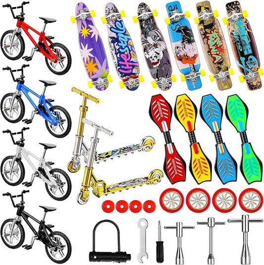 Skylety 31 Pieces Mini Finger Toys Set for Boy Girl Includes 6 Finger Skateboards, 4 Bikes, 2 Mini Scooters 4 Swing Board 8 Matched Wheels 7 Tool Accessories Educational Toy Party Favor(Novel)