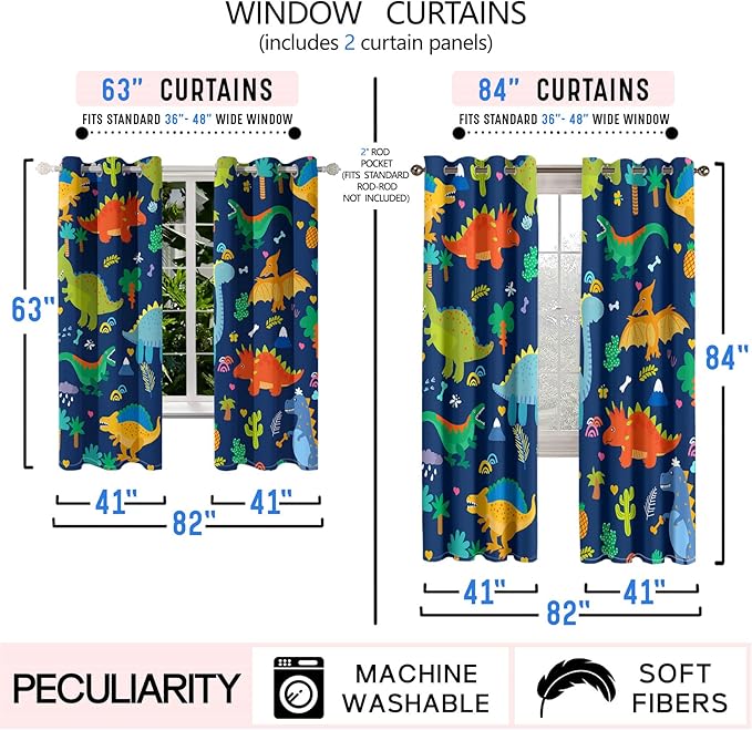Dinosaur Blackout Curtains 2 Panels 63" Inch Drapes Boys Curtains for Bedroom Cute Dinosaur Themed Grommet Top Thermal Insulated Boys Room Curtains for Nursery, Navy Blue, 82" x 63"