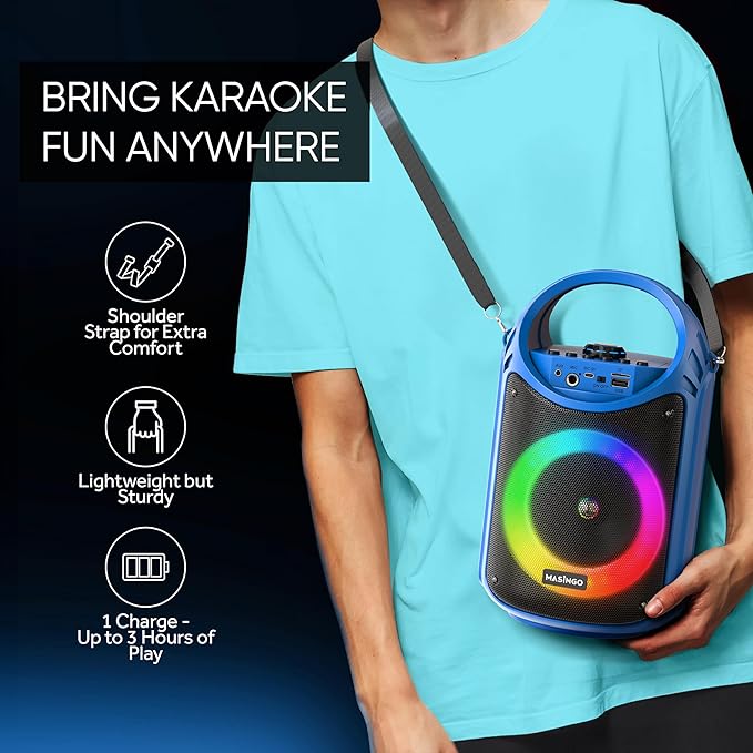 MASINGO Karaoke Machine for Kids and Adults with 2 Wireless Bluetooth Microphones, PA Portable Speaker with Colorful LED Lights, Supports TF Card/USB, AUX/MIC in, TWS for Home Party, Burletta C10 V2