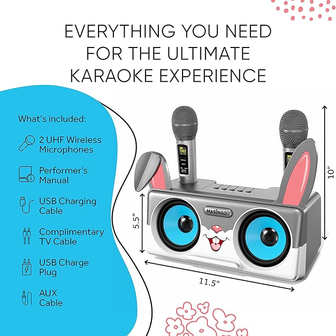 Rabbit Karaoke Machine for Kids, Children and Toddlers with 2 Wireless Bluetooth Microphones, Portable PA Speaker System Includes Lyrics Display Phone Holder, TV Cable and Singer Vocal Removal Mode