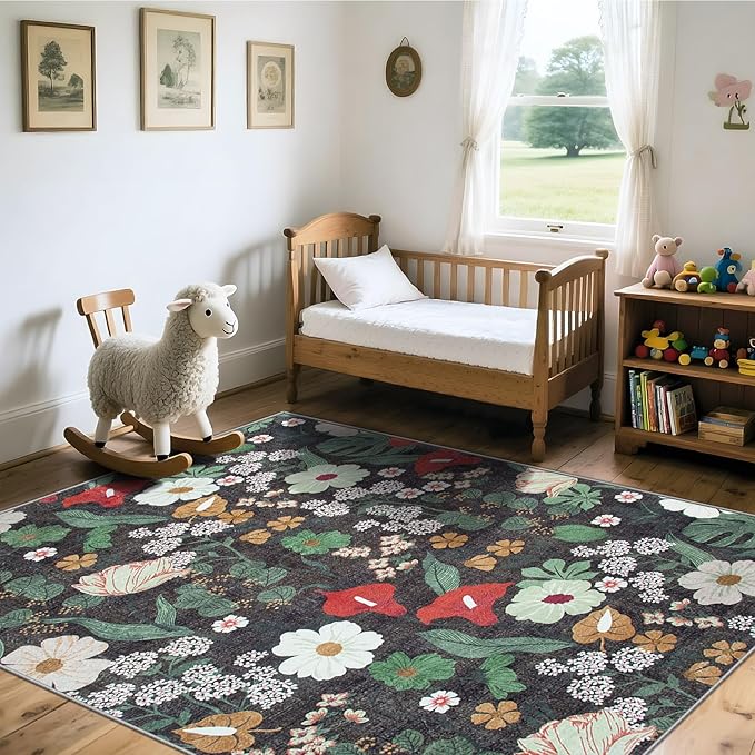 Area Rug Living Room Rugs: 6x9 Washable Rug Vintage Floral Soft Boho Non Slip Carpet Indoor Floor Non Shedding Low Pile Thin Carpets for Bedroom Dining Room Farmhouse Nursery Home Office Green