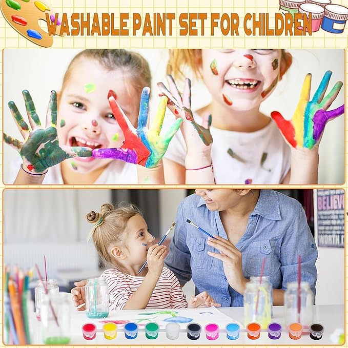 280 Pcs Washable Acrylic Paint for Kids Arts and Crafts, 20 Gouache Watercolor Paint Sets of 12 Colors for Party Classroom Painting Supplies, 20 Flat and 20 Pointed Brushes