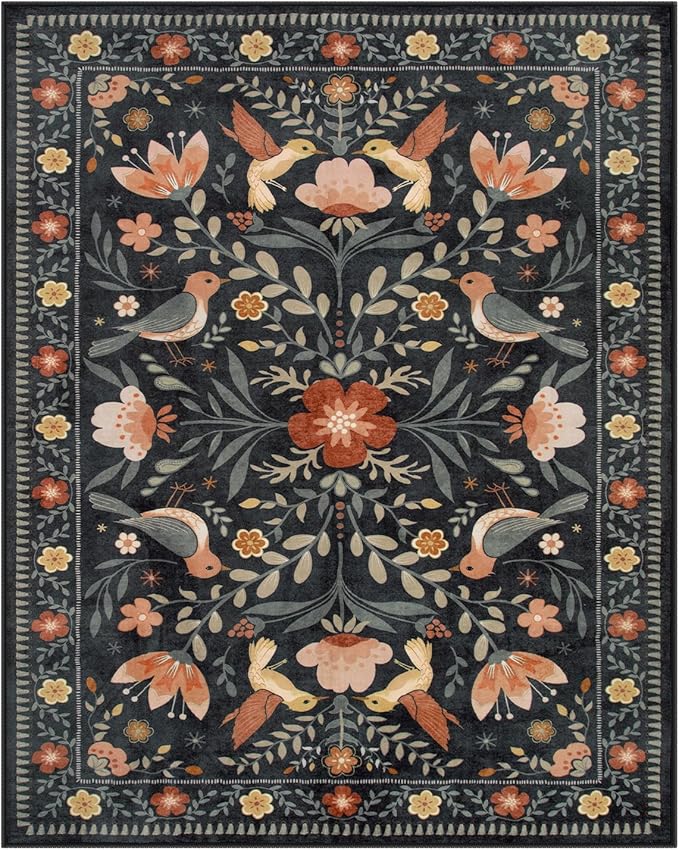 Moynesa Boho Birds 8x10 Area Rugs for Living Room, Black Floral Bedroom Rug Washable Low-Pile Playroom Rug, Vintage Soft Jungle Pattern Indoor Floor Carpet for Nursery Dining Room