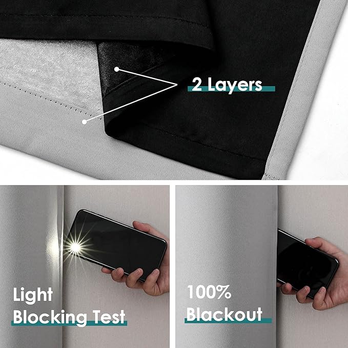 ChrisDowa 100% Blackout Curtains for Bedroom with Black Liner, 2 Thick Layers Total Blackout Thermal Insulated Grommet Window Curtains 72 Inch Length 2 Panels Set (Light Grey, 52 x 72 Inch)