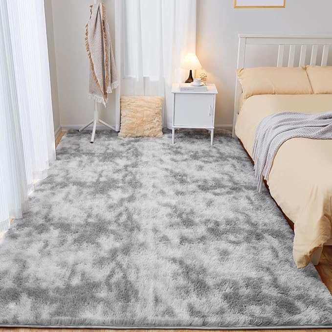 8x10 Area Rugs for Living Room, Ultra Soft Fluffy Rugs for Bedroom, Anti-Skid High Pile Indoor Carpet for Nursery, Study Room, Playroom, Home Decoration, Tie-Dyed Light Grey