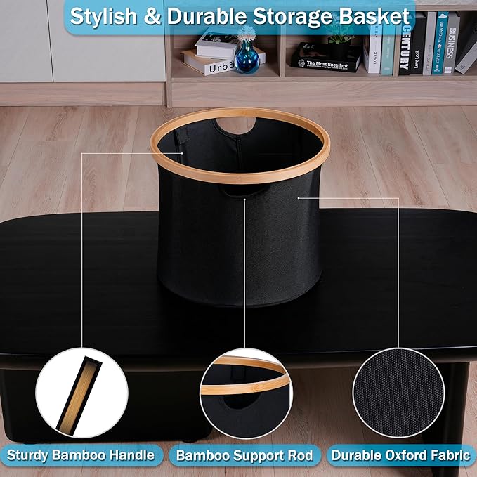 efluky Storage Baskets for Organizing, Fabric Storage Bins with Bamboo Handles, Collapsible Storage Baskets for Shelves and Closet,Medium, Black Set of 2
