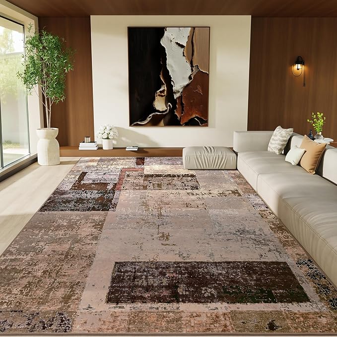 LOCHAS Rug for Living Room, Washable Soft Area Rugs for Bedroom 6x9, Abstract Carpet for Indoor Office Kids Dining Room Nursery Floor, Brown Geometric Vintage Home Decor, Non Slip, Pet Child Friendly