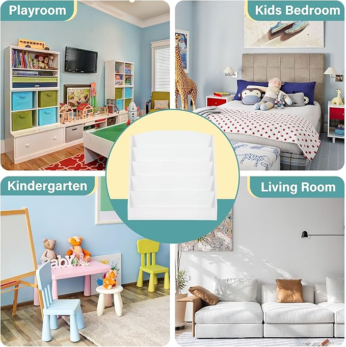TOETOL 5-Tier Kids Bookshelf - Toddler Book Display Shelves for Classrooms, Playrooms, and Nursery - Wooden Children Book Rack (White)