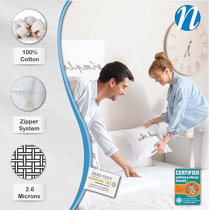 National Allergy Superior 100% Cotton Queen Mattress Protector Zippered - 60" x 80" x 15" - Hypoallergenic Bed Encasement - Breathable Dust Proof Cover - AAFA & Oeko-TEX Standard 100 Certified