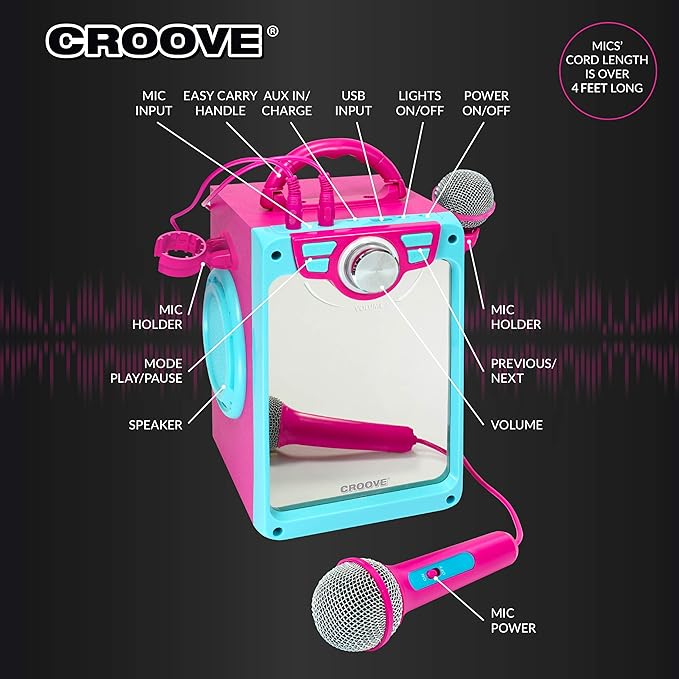 Rechargeable Kids Karaoke Machine for Girls, Pink Portable Karaoke Set, Gift for Girl Speaker with 2 Microphones & Lyrics Display - Bluetooth/AUX/USB, Best Birthday Gifts For Girls Ages 8 9+ Years Old