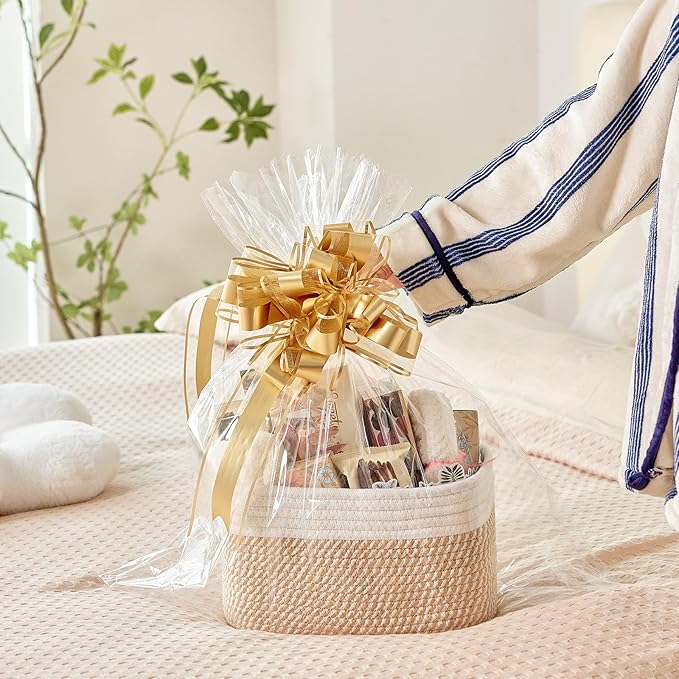 Small Cotton Rope Storage Basket Set of 3-11"x7"x7" Perfect Woven Baskets for Storage, Ideal Storage Baskets for Organizing Toys, Towels, and More - Baskets for Shelves（White & Mixed Camel）