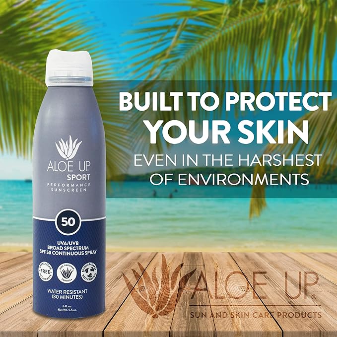 ALOE UP Sport Continuous Spray Sunscreen SPF 50 - Broad Spectrum UVA/UVB Sunscreen Protector for Face and Body - With Aloe Vera Gel - Fast Absorbing Sheer Formula - Reef Safe - Fragrance-Free - 6 Oz