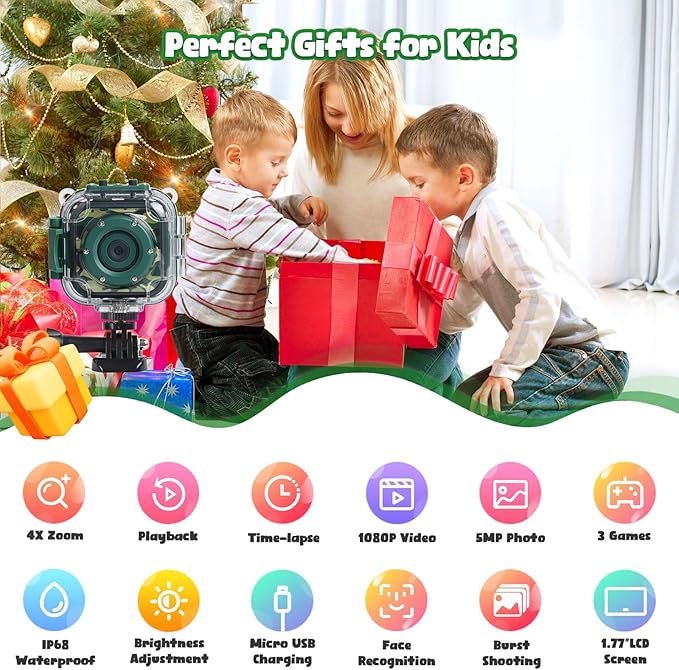 PROGRACE Kids Waterproof Camera for Boy Toys-Underwater Video Camera for Kids 1080P HD Camcorder Toy Gift Boys 3 4 5 6 7 8 9 10 11 12 Year Old Vlogging YouTube Children Digital Cameras Build-in Games