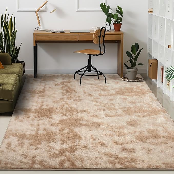 Kimicole 7x10 Washable Area Rugs for Living Room Bedroom, Large Low Pile Ulta-Thin Solid Color Rug, Non-Slip Soft Fluffy Carpet for Nursery Kids Room Dorm Room Home Decor (Light Tan)