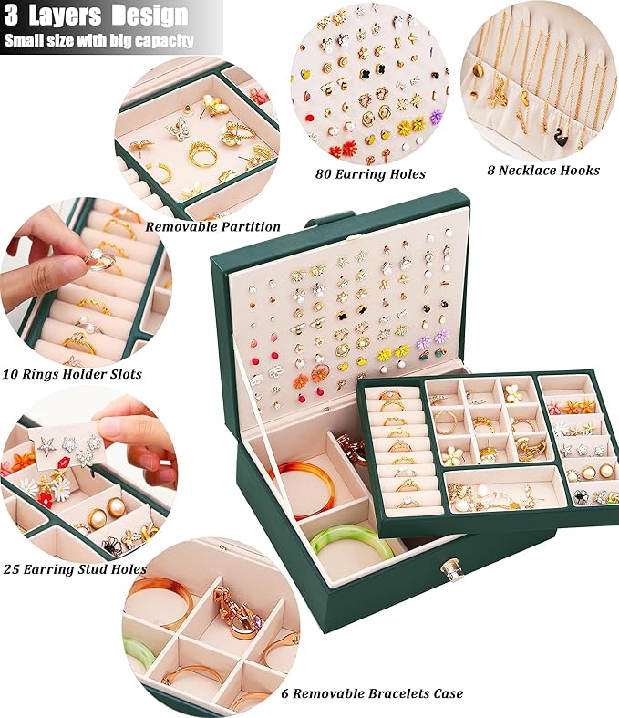 Womens Earring Jewelry Box for Girls Jewelry Earring Organizer Box Earring Holder Organizer for Girls Jewelry Organizer Earring Boxes for Women Girls Stud Earring Organizer Jewelry Box Green