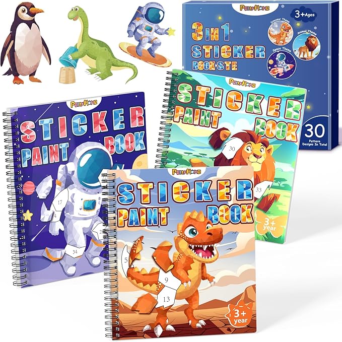 PERRYHOME 3PCS Sticker by Number Paint Books for Kids Ages 4-8, Dinosaur Animal Space Themes Sticker Activity Books, Boys Crafts Party Birthday Christmas Gifts Toys
