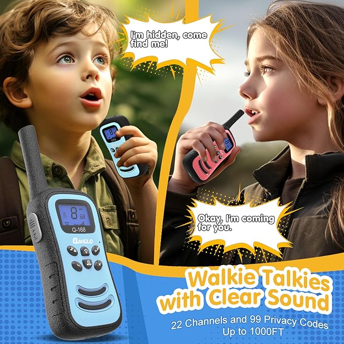 QNIGLO Walkie Talkies for Kids, Rechargeable Walkie Talkies, VOX，2 Way Radios with LED Flashlight, Perfect Outdoor Camping Toys with Lanyard for 3+ Years Old Boys Girls for Hiking Adventures（ 4 Pack）