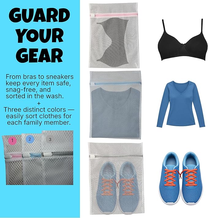 Mesh Laundry Bags for Delicates – 3-Pack (12″×16″) with Color-Coded Zippers – Honeycomb Mesh, Locking Zipper, Washer & Dryer Safe for Bras, Socks, Travel Clothes