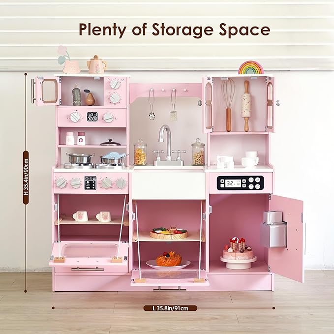 Wooden Play Kitchen for Toddlers and Kids with Lights & Sounds, Large Interactive Pretend Play Set with Ice Maker, Stove, Sink, Oven, 12 Accessories - Ages 3-8