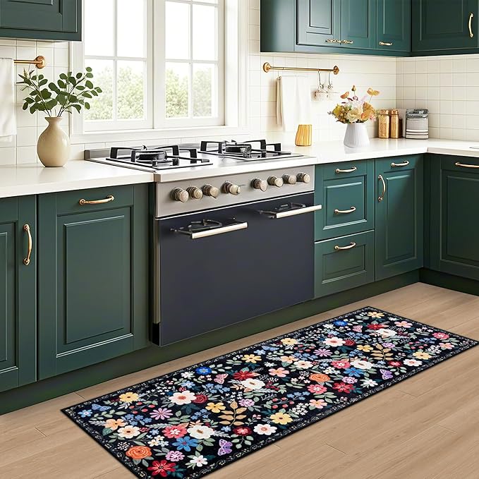 Runner Rug for Entryway: 2x6 Kitchen Rugs Non Slip Washable Ultra-Thin Soft Floral Carpet Indoor Floor Stain Resistant Carpets for Hallway Bedroom Kitchen Laundry Bathroom Dorm Black