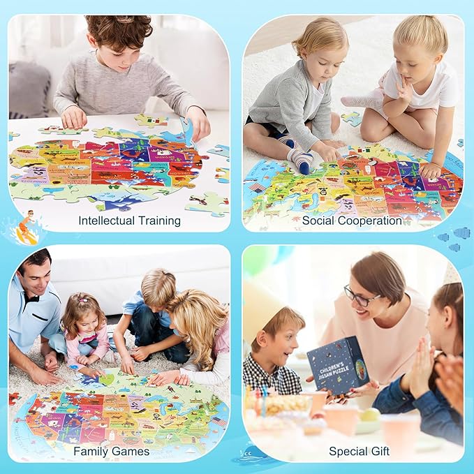 United States Puzzle 70 Pieces USA Map Floor Jigsaw Puzzles for Kids Ages 4-10, Jumbo Round US Geography Puzzle 50 States with Capitals Educational Learning Toys for Boy or Girl
