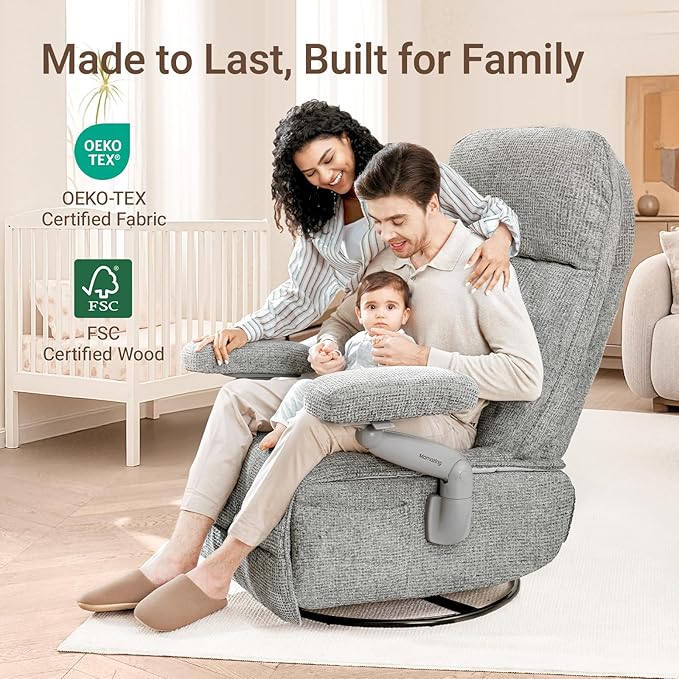 Nursery Swivel Glider Recliner Chair with Adjustable Armrests & Headrest, Rocking Chair Nursery with Removable Cover for Breastfeeding, FSC & Oeko-TEX Certified, Grey