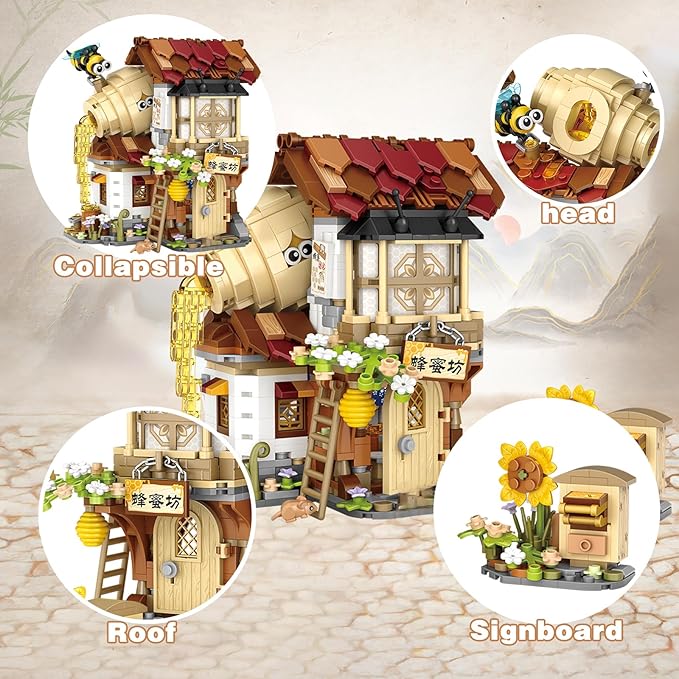 Honey Bee Workshop Mini Building Set, Creative DIY Simulation Building Toys, 1242PCS Mini Building Honey Bee Workshop Set Boys Girls 6+