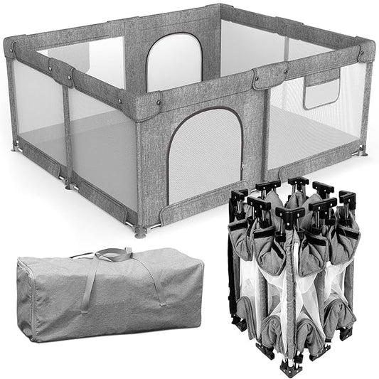 Foldable Baby Playpen with Gate, Extra Large Collapsible Play Yard for Babies & Toddlers, Portable Travel Play Pen with Fence, Safe Activity Center for Indoor & Outdoor Use (59"×71" Grey)