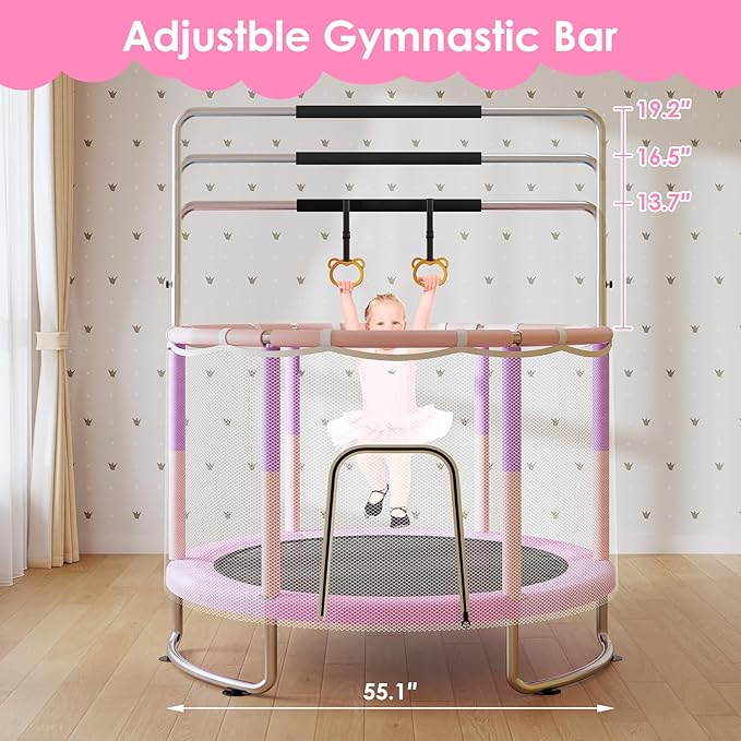 Trampoline for Kids, Upgrade Full Anti-Rust 440lbsToddler Trampoline with Net, Upgraded Ring Legs with Adjustable Gymnastics Bar&Toys, Gifts for Ages 1-8 Boys&Girls