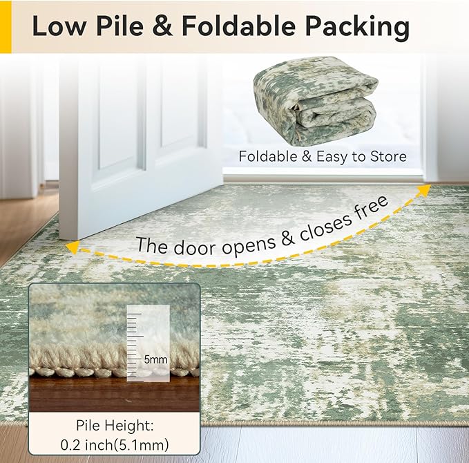 Washable Area Rugs 5'x7' Non-Slip Modern Abstract Soft for Living Room Entryway Bedroom Nursery, Print Pattern, Light Green/Yellow