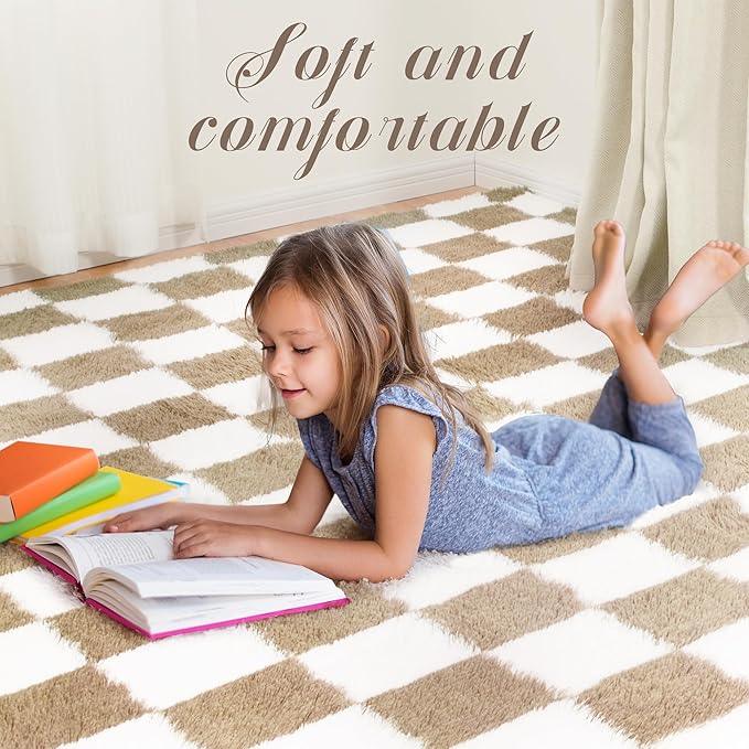 Super Soft Rug for Bedroom, 5x8 Ft Beige and White Area Rug Classic Checkered Shaggy Anti-Skid High Pile Soft Fluffy Rug Fuzzy Carpet for Living Room Bedroom Kids Room Nursery, Dorm Home Decor