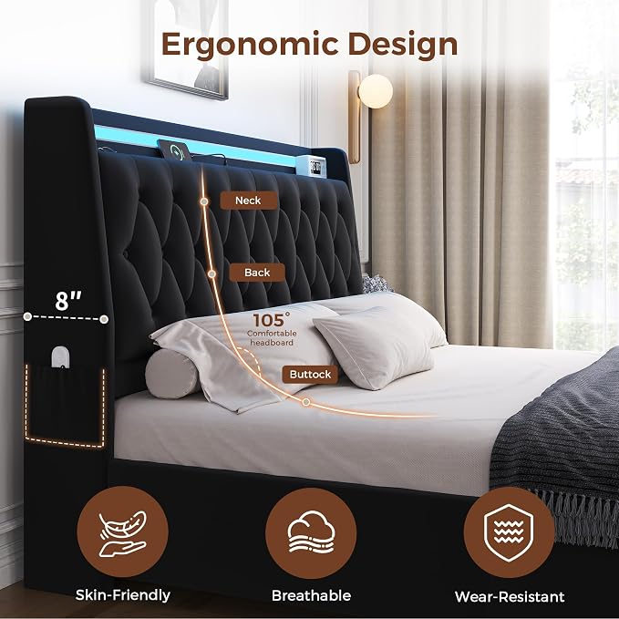 Queen LED Velvet Bed Frame - Image 5
