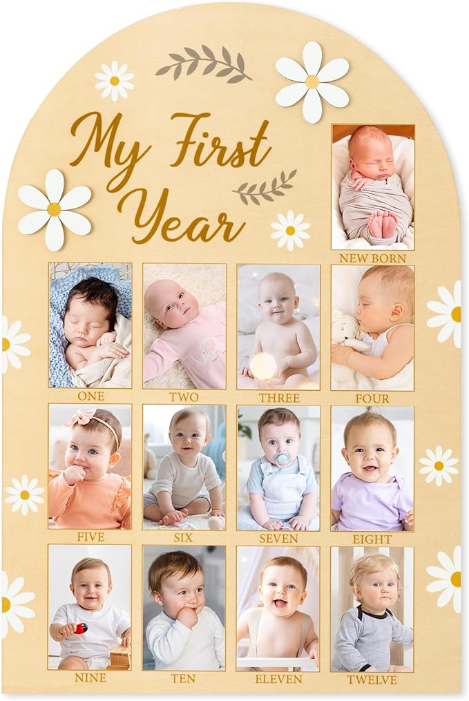 R HORSE My First Year Photo Display Wood Board, 3D Daisy Baby's First Year Picture Frame 12 Months Milestone Board Neutral Baby Keepsake Birthday Nursery Decor Gift for Boy Girl
