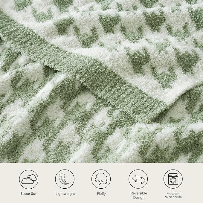 Snuggle Sac Houndstooth Throw Blanket for Couch, Reversible Super Soft Warm Blankets Cozy Knit Fuzzy Plush Lightweight Throws for Sofa, Bed, Camping, Green,50x60 inches