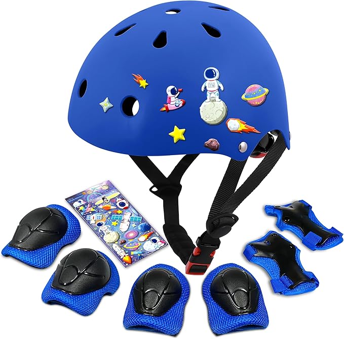 Kids Bike Helmet with DIY Stickers and Knee Pads Elbow Pads Wrist Guard Set for Ages 3-8-14 Toddler Boys Girls Helmet for Roller Skates Cycling Skateboarding Bicycle Scooter