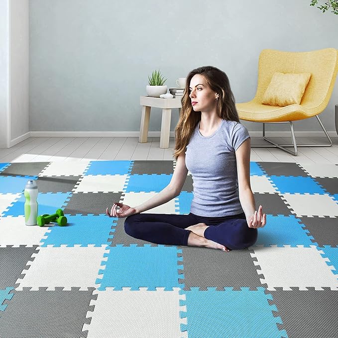 qqpp EVA Rubber 18 Tiles Interlocking Puzzle Foam Floor Mats - Baby Play Mat for Playing | Exercise Mat for Home Workout. White, Blue, Gray. QC-AGLb18N