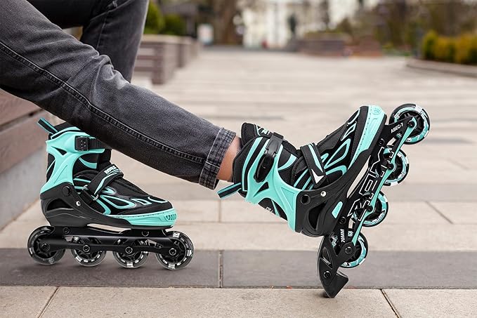 2PM SPORTS Vinal Girls Adjustable Flashing Inline Skates, All Wheels Light Up, Fun Illuminating Skates for Kids Men Adult Women and Boys