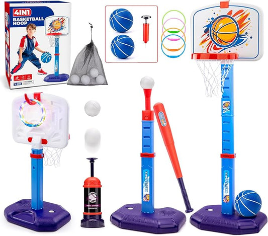 Meland Toddler Basketball Hoop, 4-in-1 Kids Basketball Hoop with Tball Set for Toddler & Baseball Pop Up Machine, Basketball Goal for Kid Sport Toys Indoor Outdoor Play Birthday Gift for Kids Toddlers