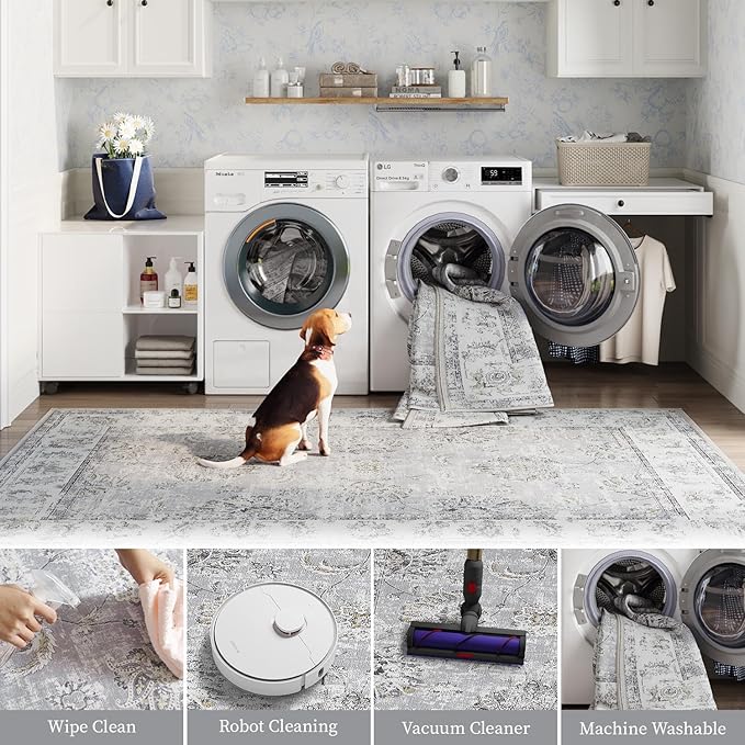 jinchan Hallway Runner Rug 2x8 Machine Washable Runner Rug Grey Vintage Floral Design Non-Slip Ultra-Thin for Kitchen Laundry Room Bedroom Farmhouse (2‘x8',Grey)