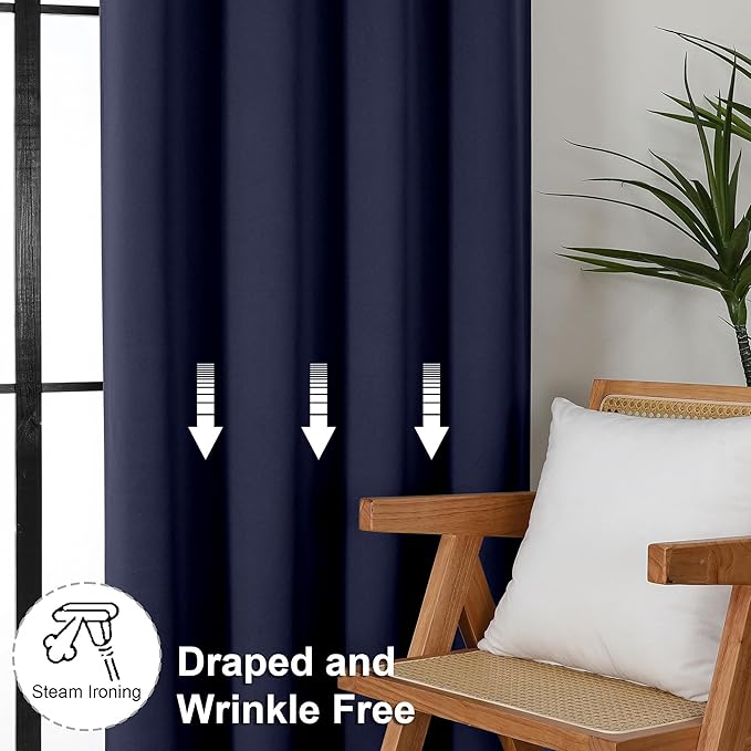 Simplebrand Ava Navy Blue Blackout Curtains for Bedroom 90 Inches Long 2 Panels Set, Solid Privacy Energy Saving Living Room Window Treatment Curtains Blackout Drapes, W50 x L90 Inch, Navy Blue