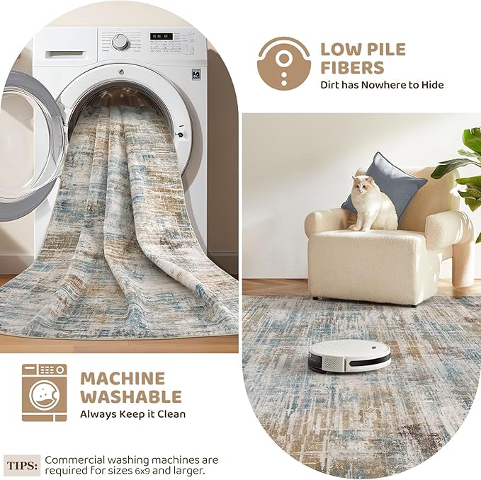 Area Rug for Living Room: 10x14 Washable Neutral Abstract Modern Soft Rugs Non Slip Indoor Floor Stain Resistant Large Carpet for Bedroom Dining Room Office Nursery - Blue Brown
