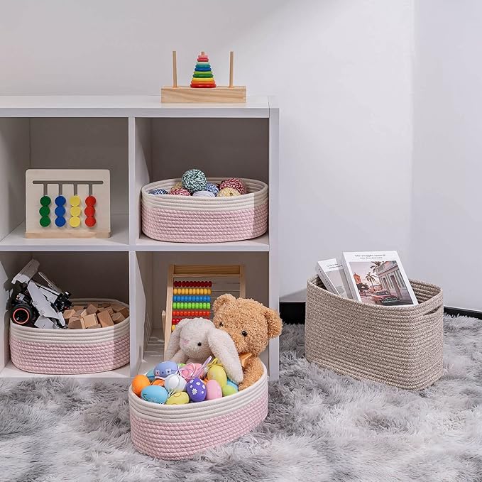 Off White&Mixed Pink Shelf Basket to Store and Organize Household Items/Baskets&Bins for Daily Storage &Organizing/Woven Rope Basket for Bedroom,Playroom/Small Oval-13x8.66x5.11’’,3 Packs