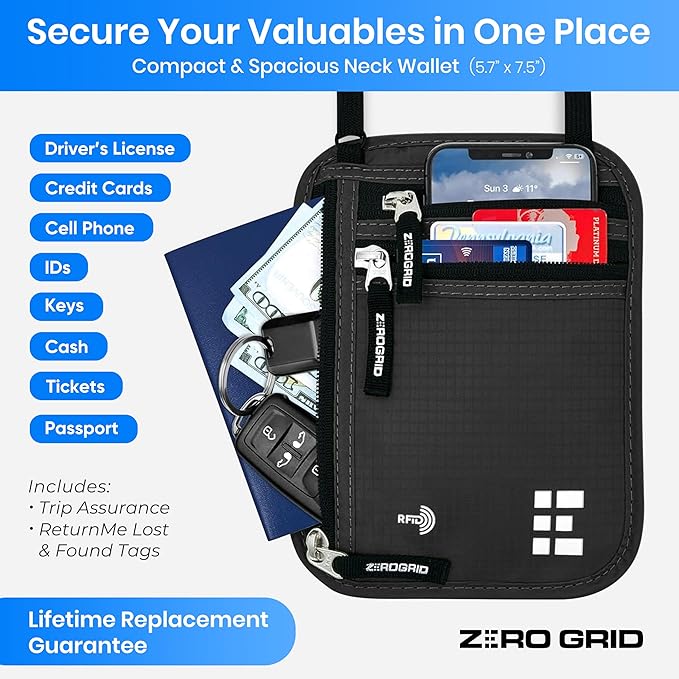 Neck Wallet for Travel & Passport Holder with RFID Blocking - Slim & Easy to Conceal Nylon Travel Pouch for men & women - Holds Phone, Cash, Cards, Keys - Sweat & Water Resistant - Large - Dark Grey