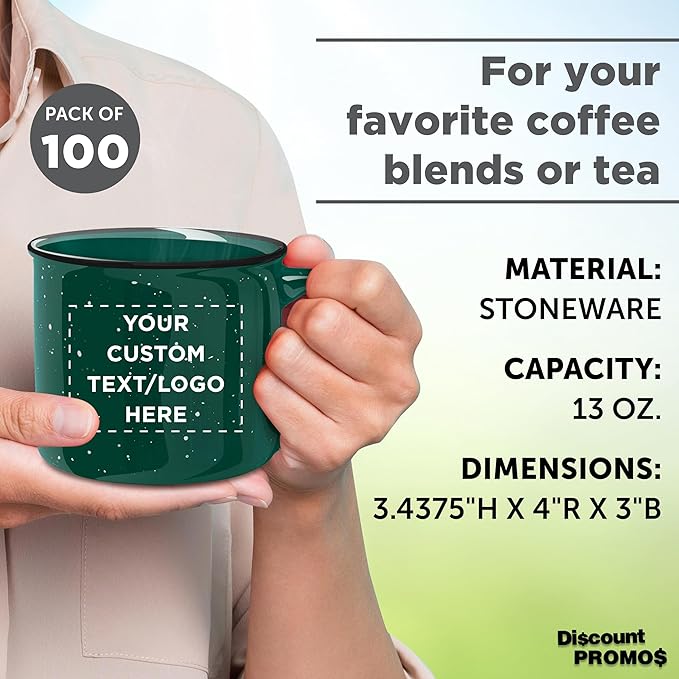 DISCOUNT PROMOS Custom Ceramic Campfire Coffee Mugs 13 oz. Set of 100, Personalized Bulk Pack - Perfect for Tea, Espresso, Cappuccino, Hot Cocoa - Green