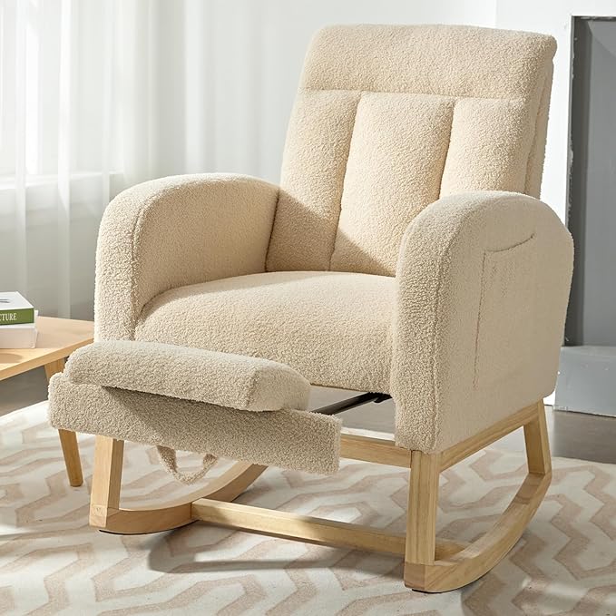 NIOIIKIT Modern Nursery Rocking Chair, Teddy Upholstered Rocking Chair with Footrest, Comfortable Glider Rocker with Side Pocket for Living Room, Bedroom, Nursing Room (Beige)