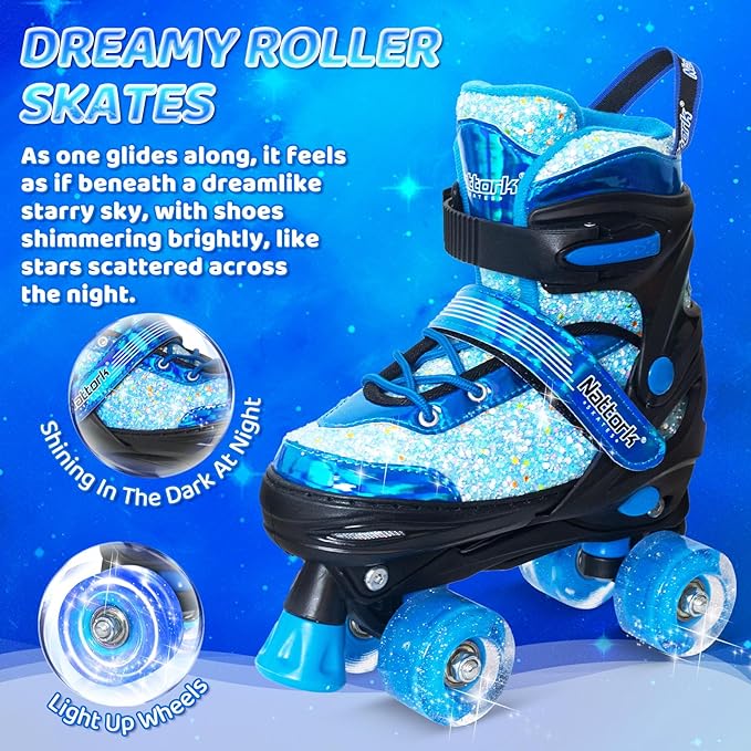 Nattork Kids Roller Skates for Girls Kids, 4 Sizes Adjustable Girls Roller Skates for Ages 3-12 with Light up Wheels & Safety Protection - Cool Birthday Gift for Indoor Outdoor Sports