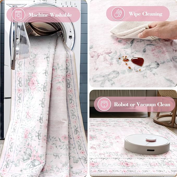 Wonnitar Floral Bow Pink Rug for Bedroom, Washable 5x7 Area Rug for Girls Nursery, Ultra-Thin Non Slip Soft Boho Carpet for Kids Room Dorm Living Room, Light Pink