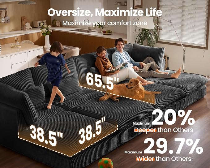 115" Oversized Corduroy Couch Modular Sectional Sofa, Washable Cloud Couch - Image 3