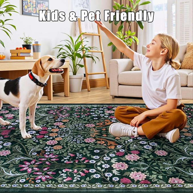 10x14 Area Rugs for Living Room: Floral Washable Rug Vintage Large Soft Boho Non-Slip Carpet Stain Resistant Low Pile Carpets for Bedroom Dining Room Farmhouse Nursery Hallway Home Office Dark Green
